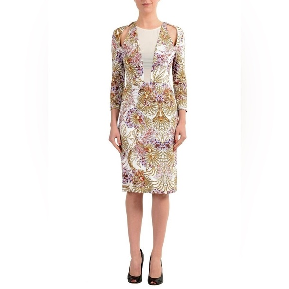 Roberto Cavalli Dresses & Skirts - Roberto Cavalli Just Cavalli Printed Long Sleeve Mesh Dress Shoulder Slits US 2